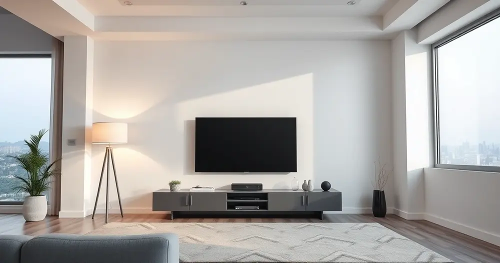 sala de estar vazia com televisão grande e luminária de piso