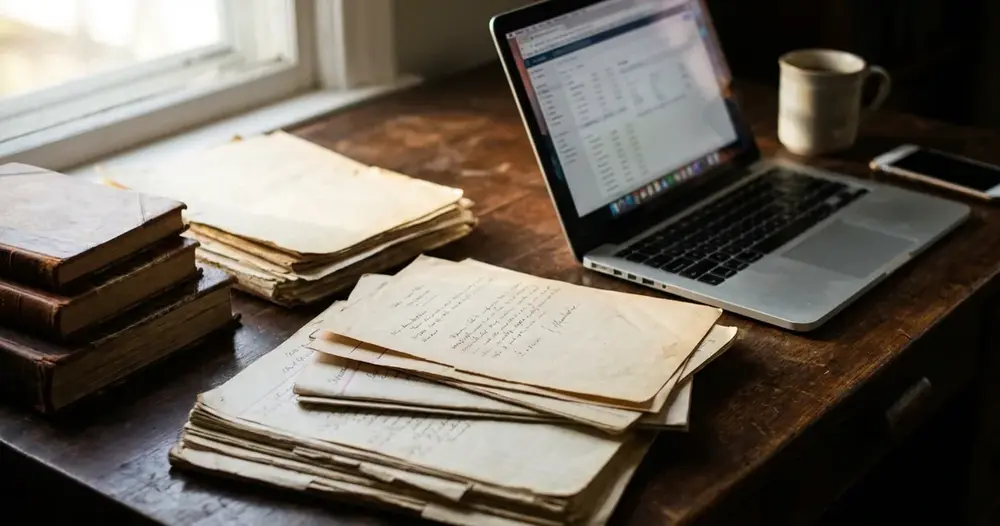 Pilha de documentos em papel ao lado de notebook mostrando arquivo digital